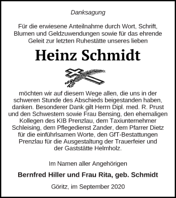 Traueranzeige von Heinz Schmidt von Prenzlauer Zeitung