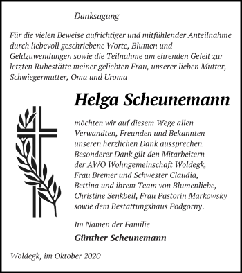 Traueranzeige von Helga Scheunemann von Prenzlauer Zeitung