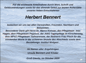 Traueranzeige von Herbert Bennert von Müritz-Zeitung