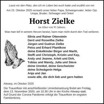 Traueranzeige von Horst Zielke von Haff-Zeitung