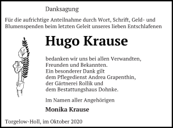 Traueranzeige von Hugo Krause von Haff-Zeitung