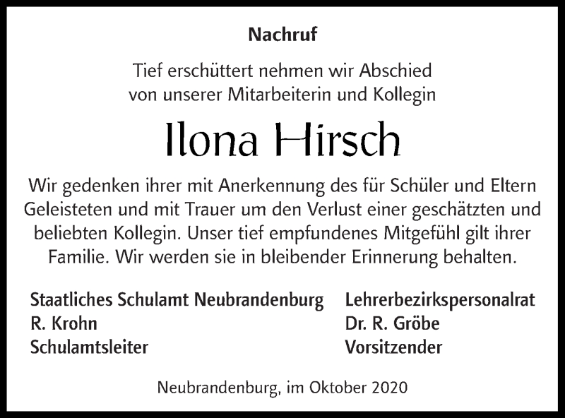 Traueranzeige für Ilona Hirsch vom 21.10.2020 aus Demminer Zeitung