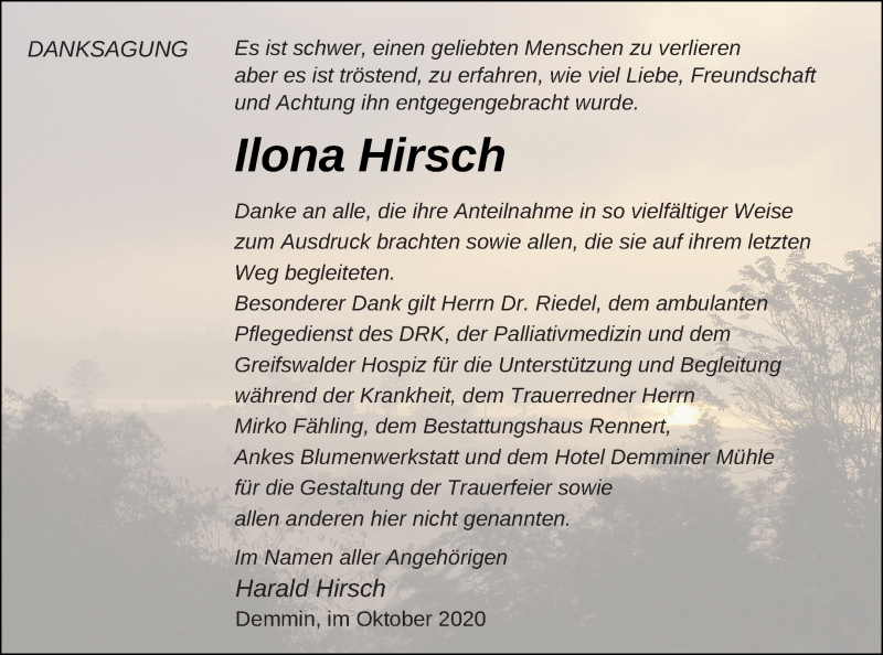  Traueranzeige für Ilona Hirsch vom 24.10.2020 aus Demminer Zeitung