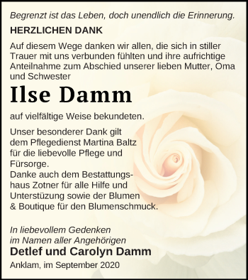 Traueranzeige von Ilse Damm von Vorpommern Kurier