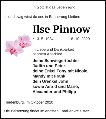 Traueranzeige von Ilse Pinnow von Templiner Zeitung