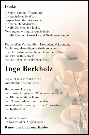 Traueranzeige von Inge Berkholz von Pasewalker Zeitung