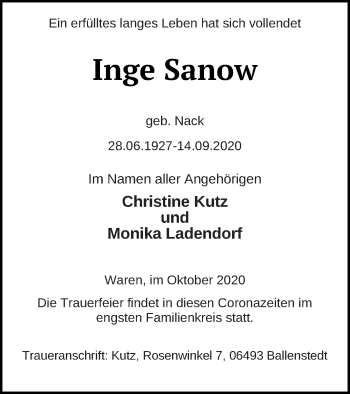 Traueranzeige von Inge Sanow von Müritz-Zeitung