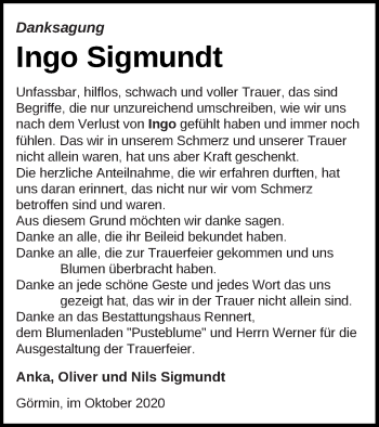 Traueranzeige von Ingo Sigmundt von Vorpommern Kurier