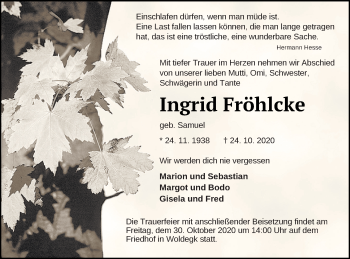 Traueranzeige von Ingrid Fröhlcke von Prenzlauer Zeitung