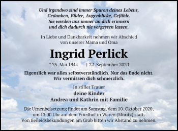 Traueranzeige von Ingrid Perlick von Müritz-Zeitung