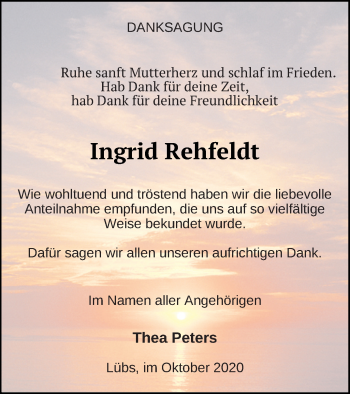 Traueranzeige von Ingrid Rehfeldt von Haff-Zeitung