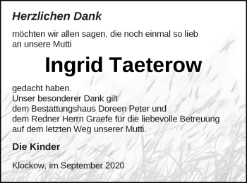 Traueranzeige von Ingrid Taeterow von Neubrandenburger Zeitung