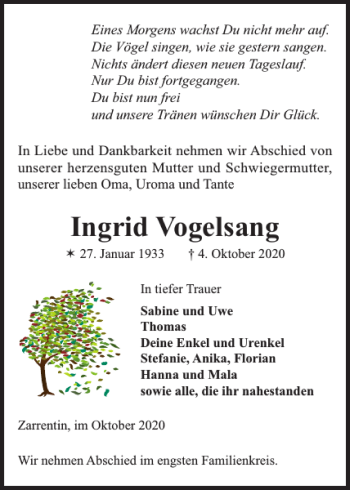 Traueranzeige von Ingrid Vogelsang von Hagenower Kreisblatt