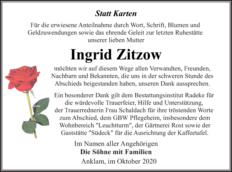  Traueranzeige für Ingrid Zitzow vom 17.10.2020 aus Vorpommern Kurier