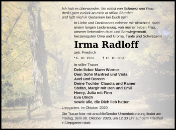 Traueranzeige von Irma Radloff von Haff-Zeitung