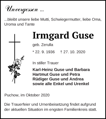 Traueranzeige von Irmgard Guse von Müritz-Zeitung