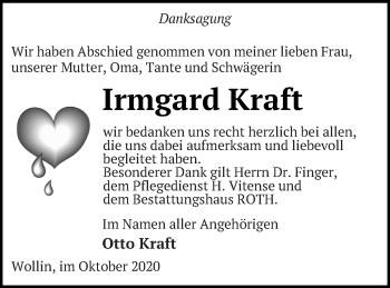 Traueranzeige von Irmgard Kraft von Prenzlauer Zeitung