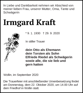 Traueranzeige von Irmgard Kraft von Prenzlauer Zeitung