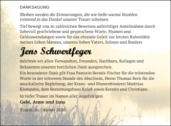 Traueranzeige von Jens Schwertfeger von Demminer Zeitung