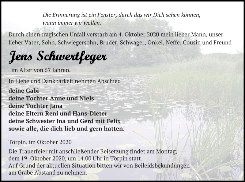  Traueranzeige für Jens Schwertfeger vom 09.10.2020 aus Demminer Zeitung