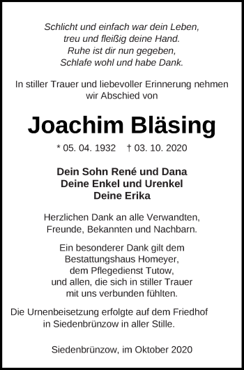 Traueranzeige von Joachim Bläsing von Demminer Zeitung