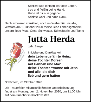 Traueranzeige von Jutta Herda von Prenzlauer Zeitung