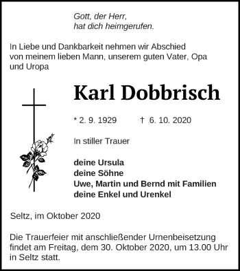 Traueranzeige von Karl Dobbrisch von Neubrandenburger Zeitung