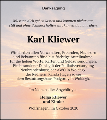 Traueranzeige von Karl Kliewer von Prenzlauer Zeitung