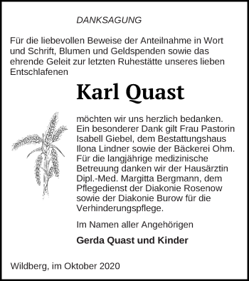 Traueranzeige von Karl Quast von Neubrandenburger Zeitung