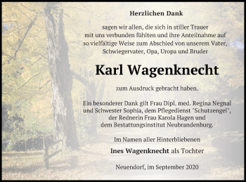 Traueranzeige von Karl Wagenknecht von Neubrandenburger Zeitung