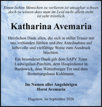 Traueranzeige von Katharina Avemaria von Hagenower Kreisblatt