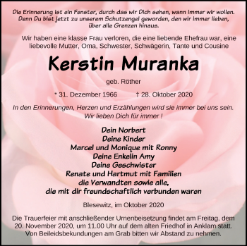 Traueranzeige von Kerstin Muranka von Vorpommern Kurier