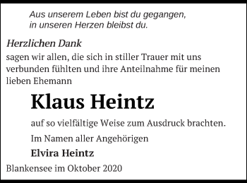 Traueranzeige von Klaus Heintz von Strelitzer Zeitung