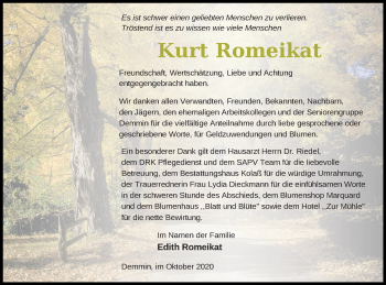 Traueranzeige von Kurt Romeikat von Demminer Zeitung