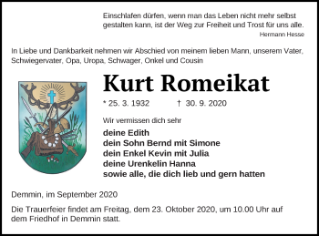 Traueranzeige von Kurt Romeikat von Demminer Zeitung