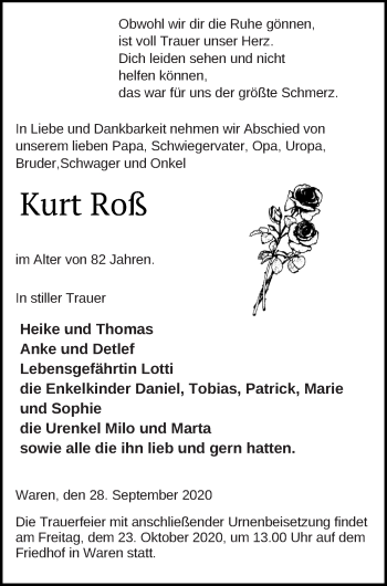 Traueranzeige von Kurt Roß von Müritz-Zeitung