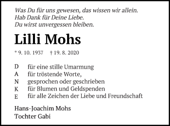 Traueranzeige von Lilli Mohs von Strelitzer Zeitung