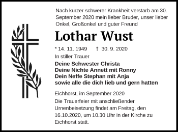 Traueranzeige von Lothar Wust von Neubrandenburger Zeitung