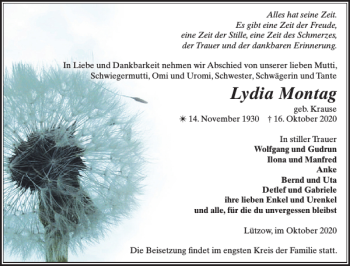 Traueranzeige von Lydia Montag von Gadebusch-Rehnaer Zeitung