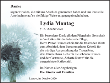 Traueranzeige von Lydia Montag von Gadebusch-Rehnaer Zeitung