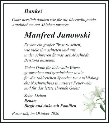 Traueranzeige von Manfred Janowski von Pasewalker Zeitung