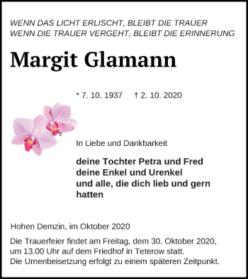 Traueranzeige von Margit Glamann von Mecklenburger Schweiz