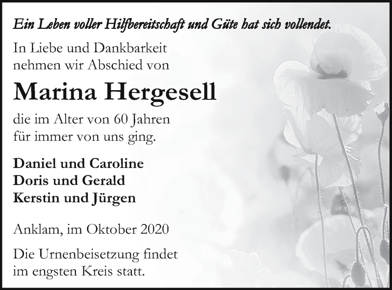  Traueranzeige für Marina Hergesell vom 10.10.2020 aus Vorpommern Kurier
