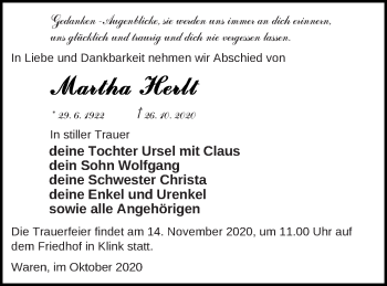 Traueranzeige von Martha Herlt von Müritz-Zeitung