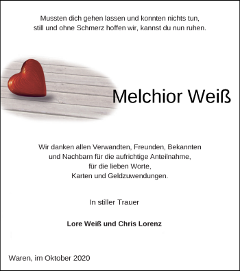 Traueranzeige von Melchior Weiß von Müritz-Zeitung