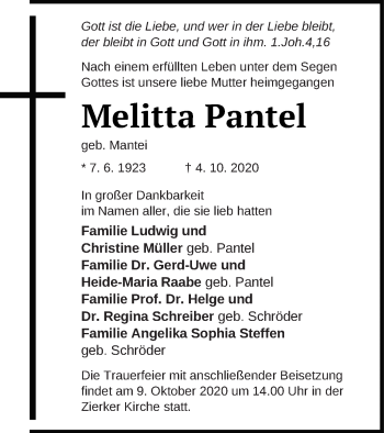 Traueranzeige von Melitta Pantel von Neubrandenburger Zeitung