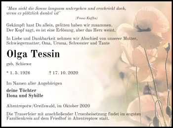 Traueranzeige von Olga Tessin von Neubrandenburger Zeitung