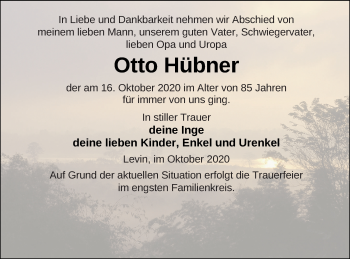 Traueranzeige von Otto Hübner von Mecklenburger Schweiz