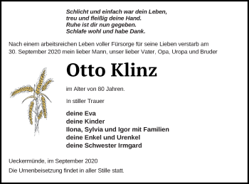 Traueranzeige von Otto Klinz von Haff-Zeitung