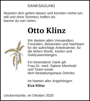 Traueranzeige von Otto Klinz von Haff-Zeitung